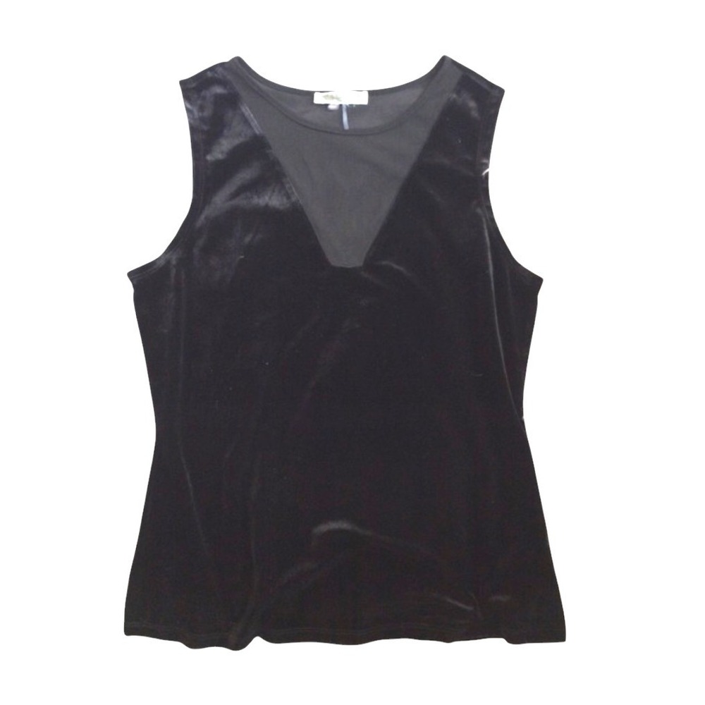 LIQUID BY SIONI Sleeveless Black Velvet Tank Top Blouse DEEP MESH V-NECK sz M